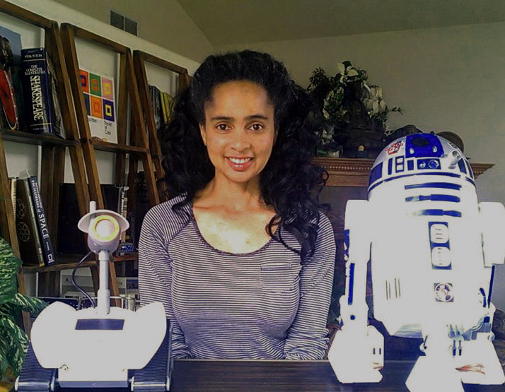 Celeste Horner with R2D2 and programmable audio and cargo delivery robot